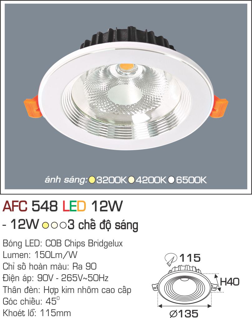 Đèn LED Âm Trần Thạch Cao Góc Chiếu 45° AFC 548