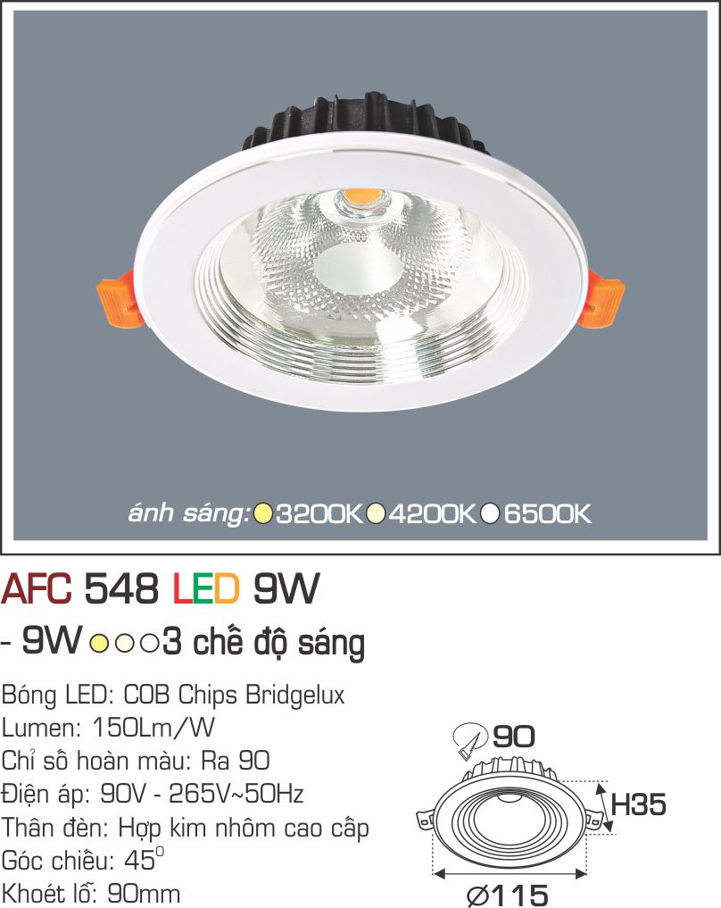 Đèn LED Âm Trần Góc Chiếu 45 độ 3 Màu 9W AFC 548