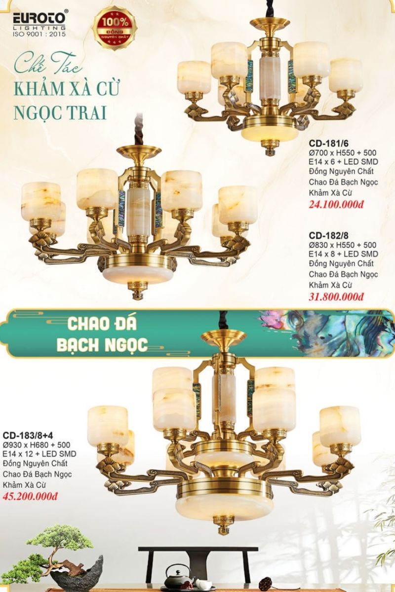 đèn chùm đồng chao đá bạch ngọc Euroto Lighting