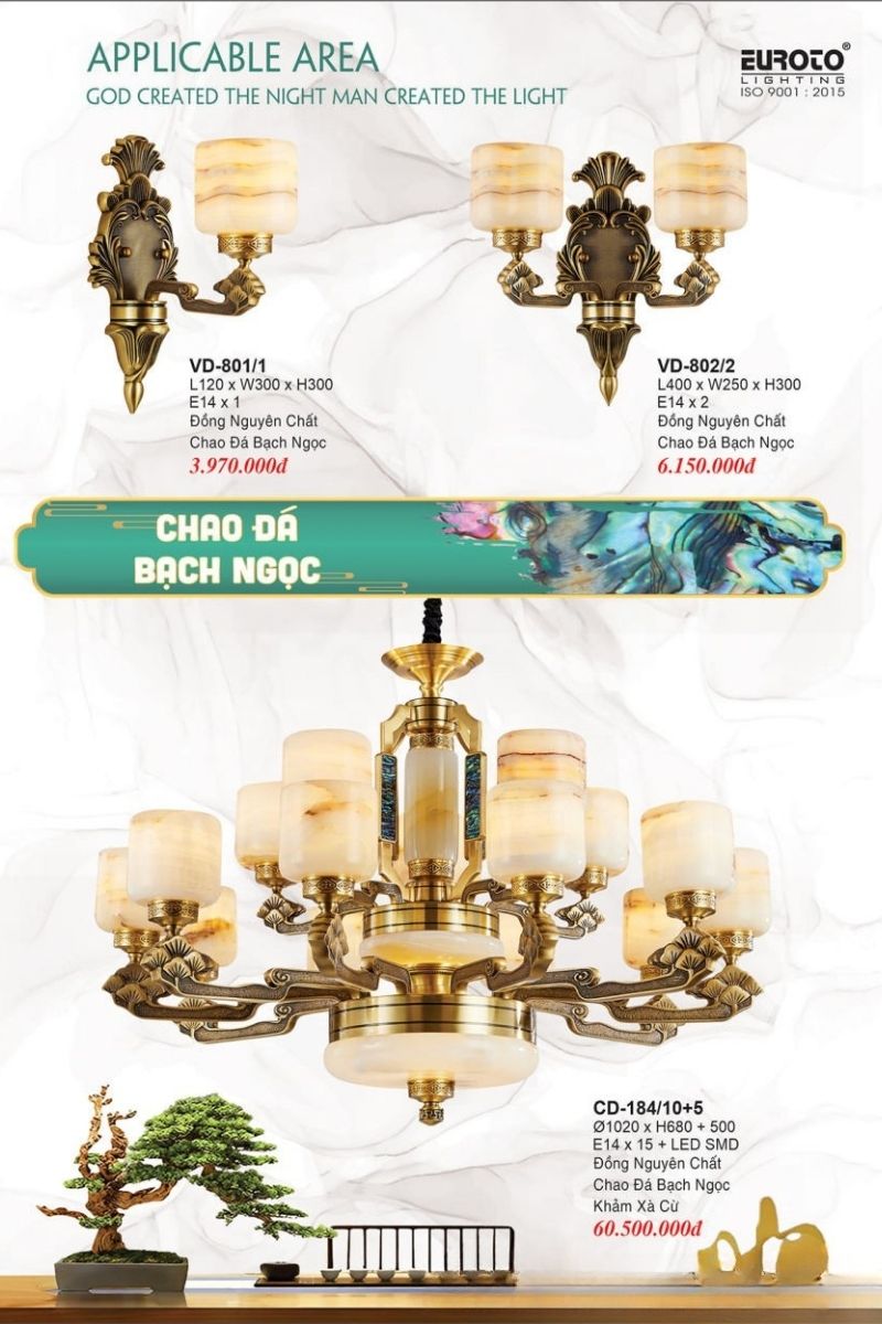 đèn chùm đồng chao đá bạch ngọc Euroto