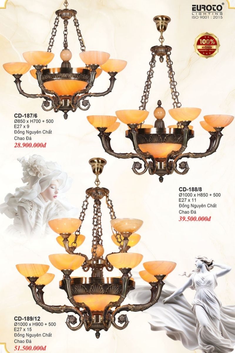 đèn chùm đồng chao đá cổ điển Euroto Lighting