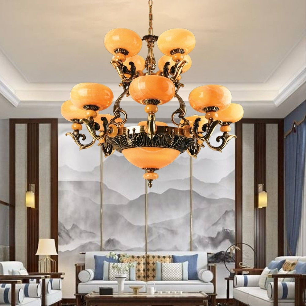 Đèn chùm đồng chao đá phối nội thất tân cổ điển - UCD1088-15