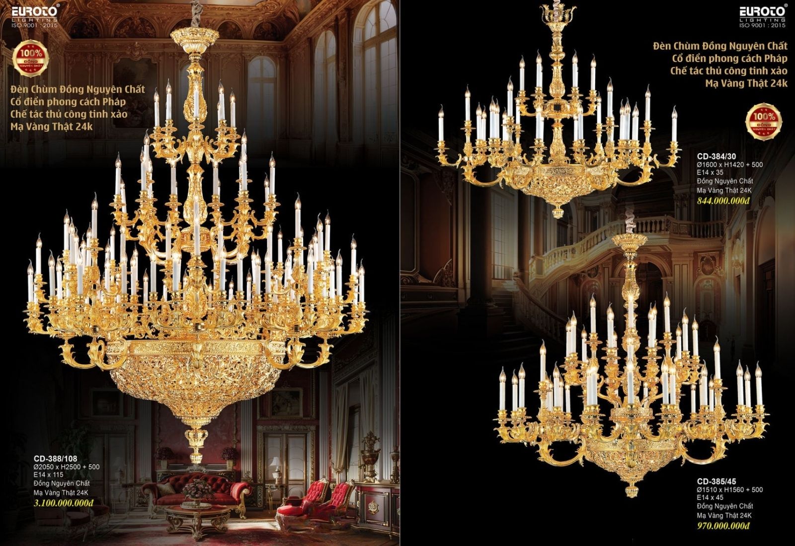 Đèn Chùm Đồng Mạ Vàng 24k Euroto Lighting