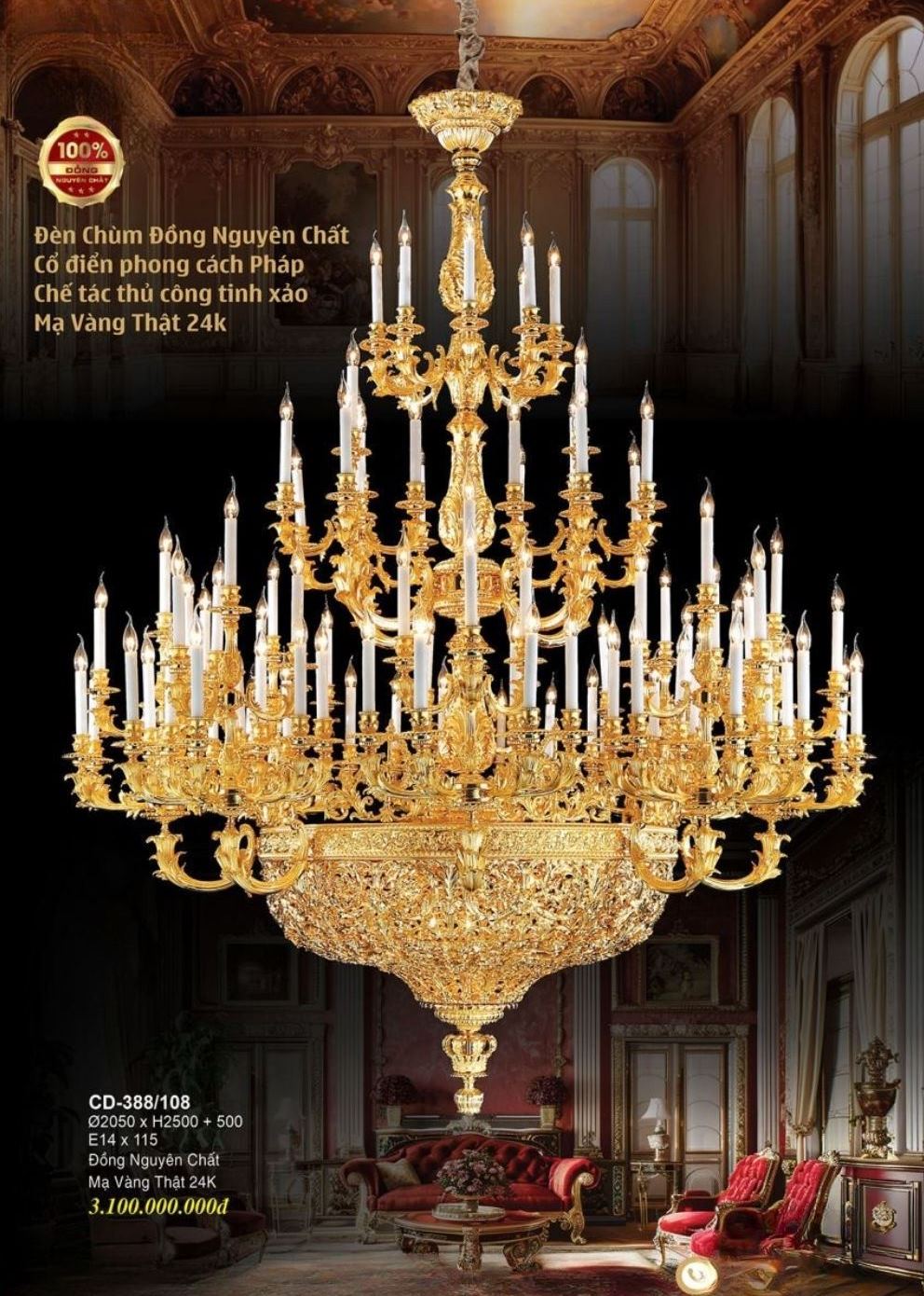 Đèn Chùm Đồng Mạ Vàng Cổ Điển