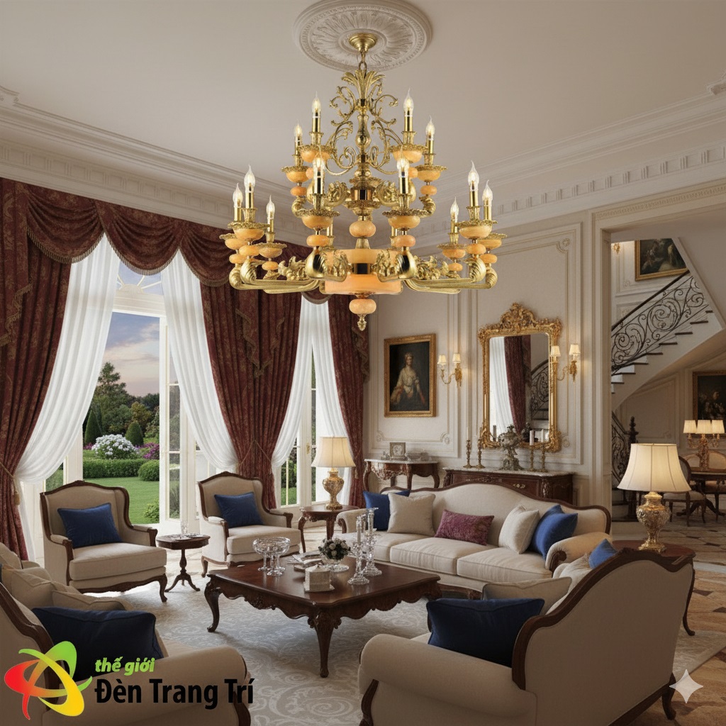 Đèn chùm đồng trang trí phòng khách tân cổ điển