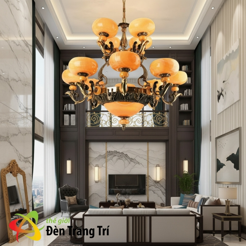 Đèn chùm đồng chao đá tỏa sáng sang trọng - minh họa UCD1088-15