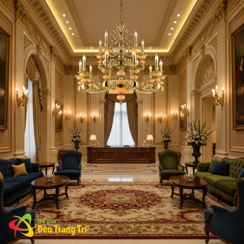 Đèn chùm đồng trang trí sảnh khách sạn sang trọng