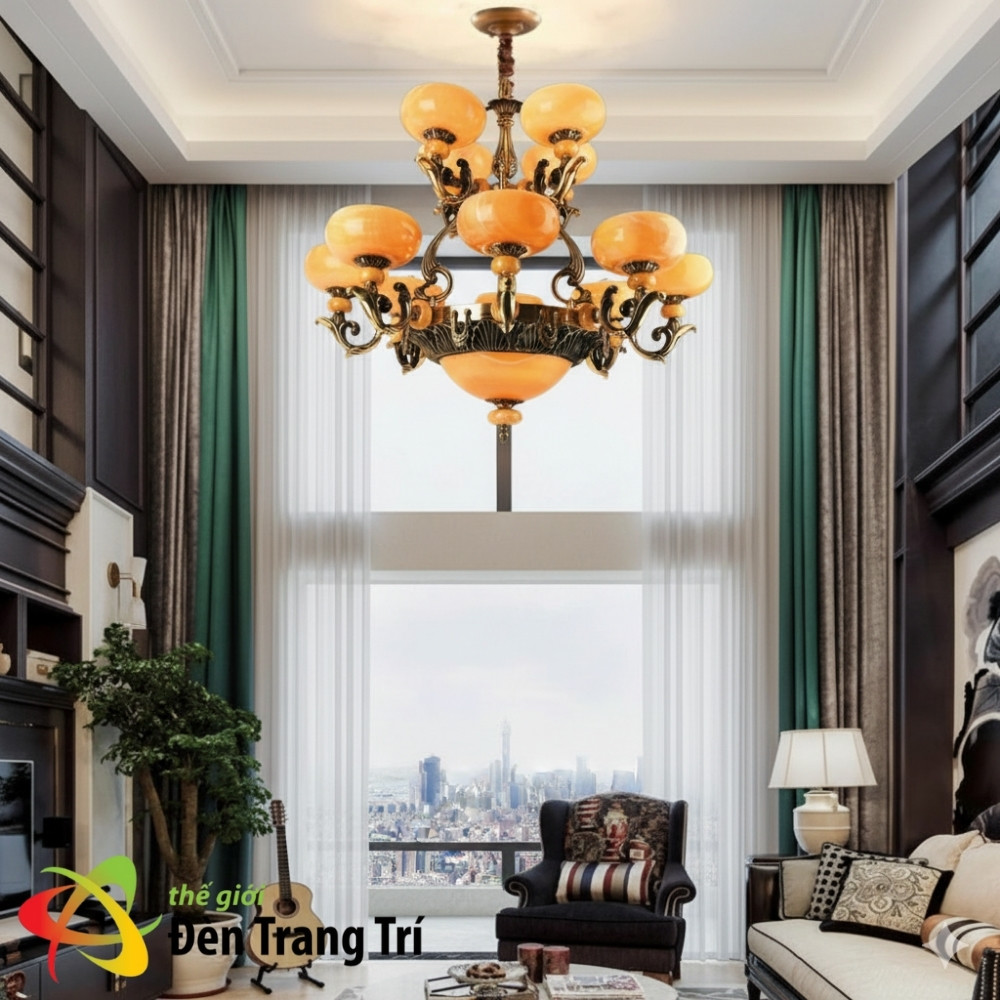 Đèn chùm đồng chao đá tân cổ điển lắp phòng khách thông tầng - UCD1088-15