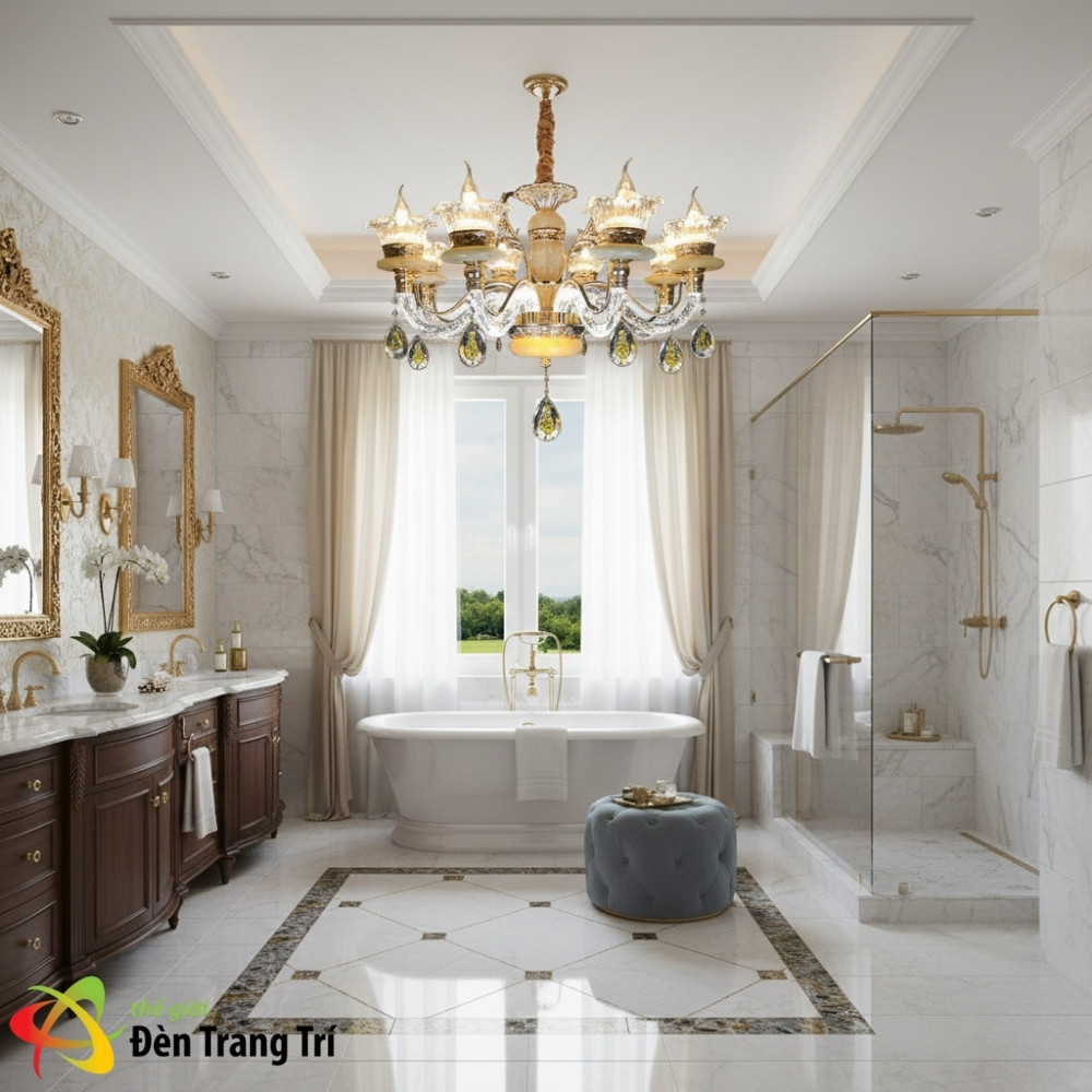 Đèn chùm pha lê nến trang trí phòng tắm hiện đại