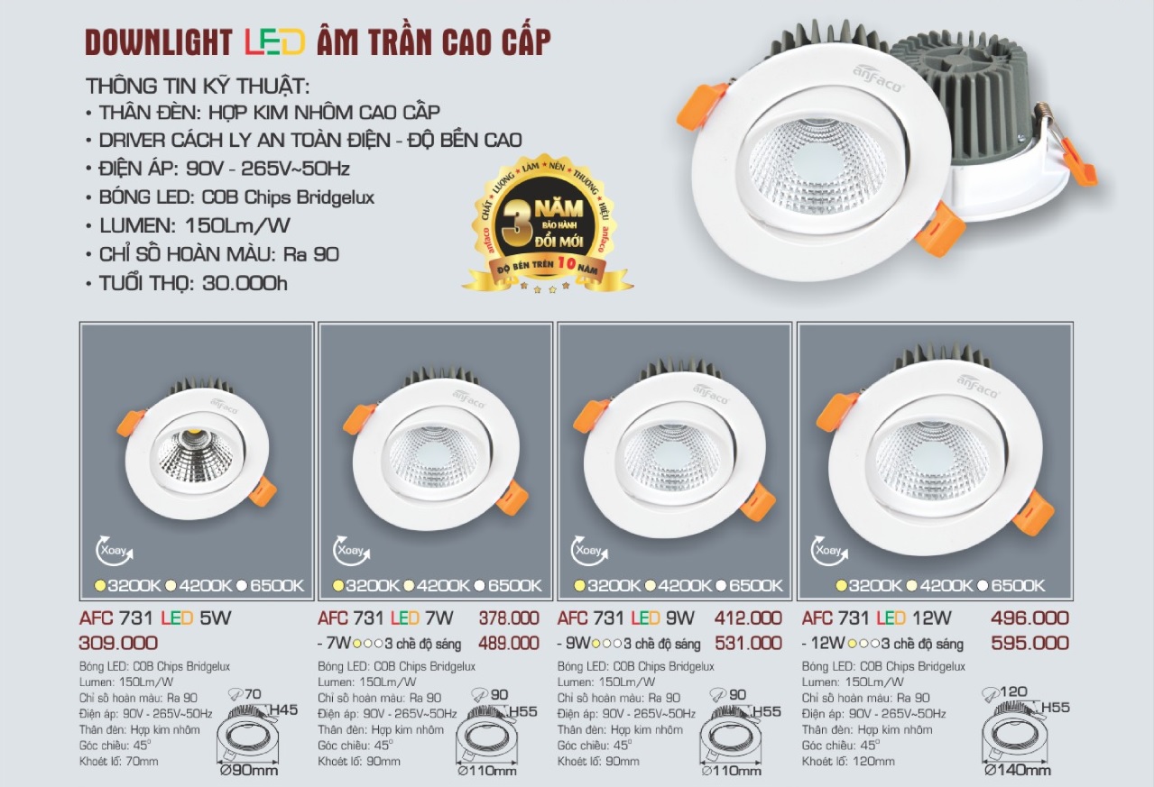 Đèn LED Âm Trần Mặt Tròn Xoay AFC 731 Góc Chiếu 45°