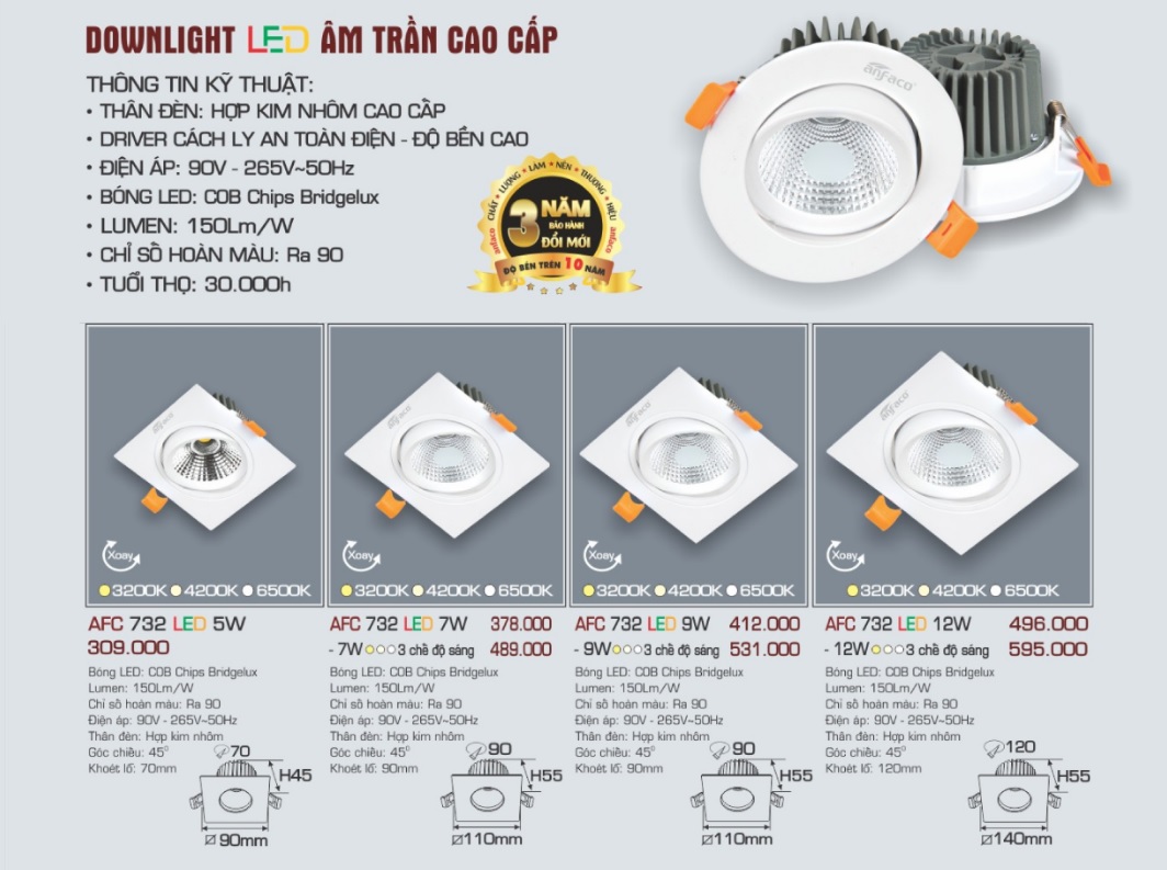 Đèn LED Âm Trần Mặt Vuông Xoay AFC 732 Góc Chiếu 45°