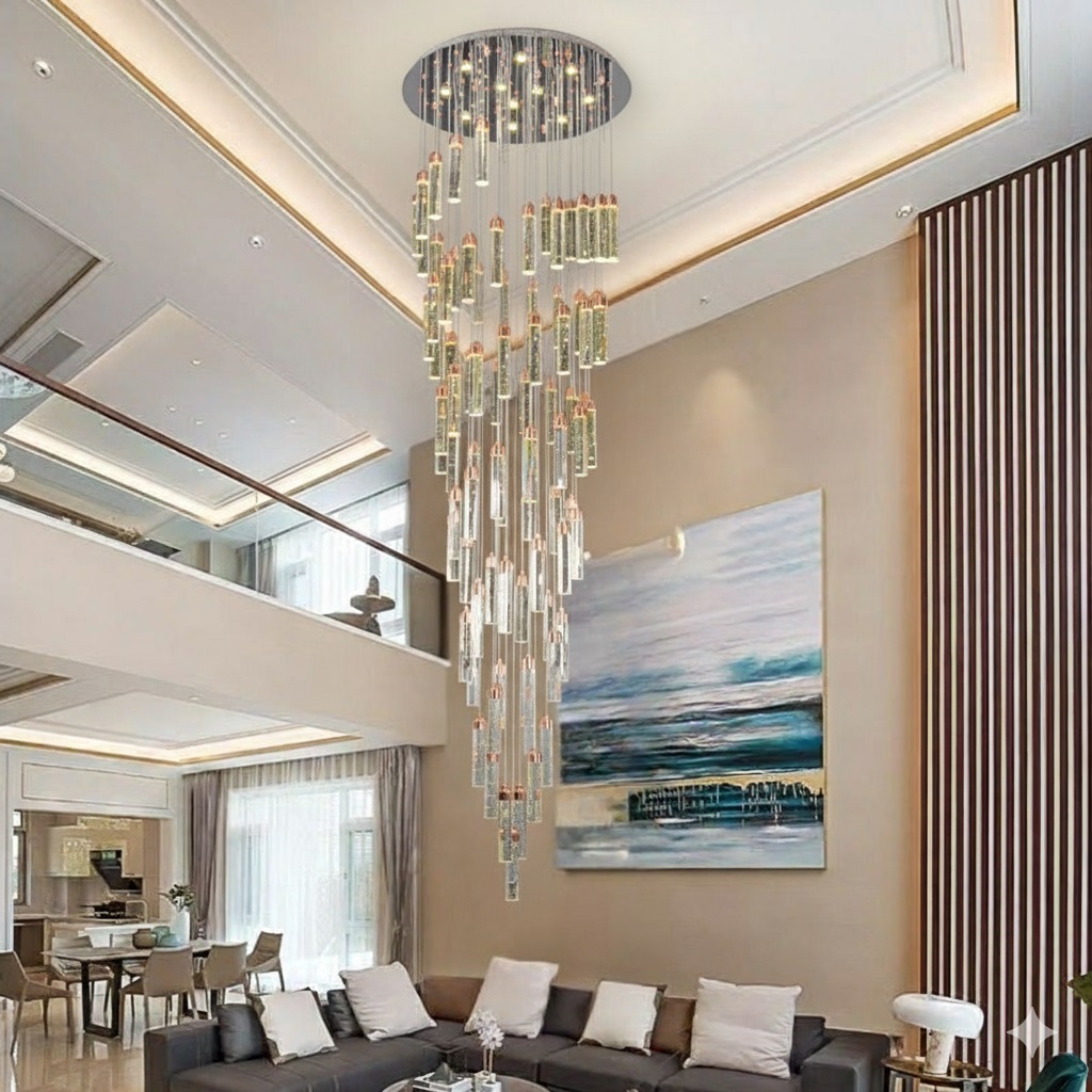 Đèn thả pha lê trang trí thông tầng cầu thang