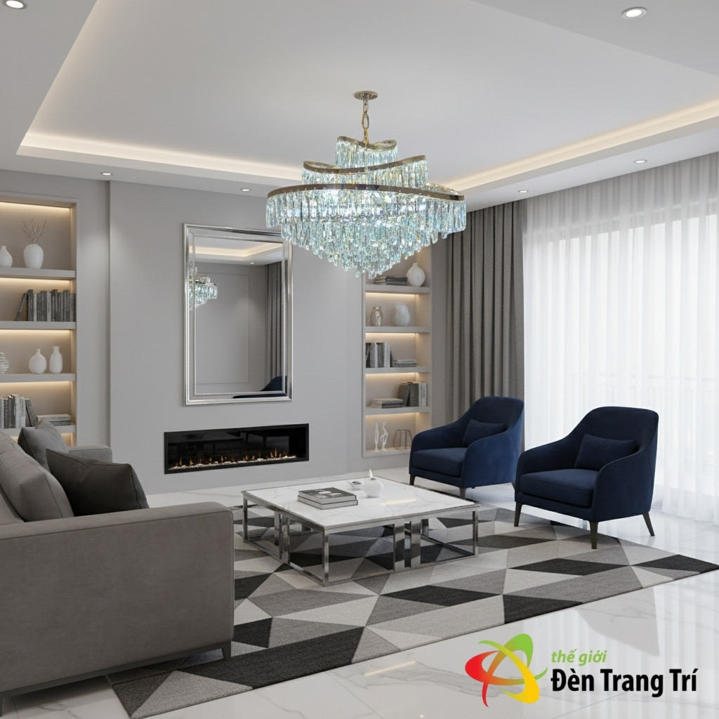 Đèn chùm pha lê phòng khách hiện đại
