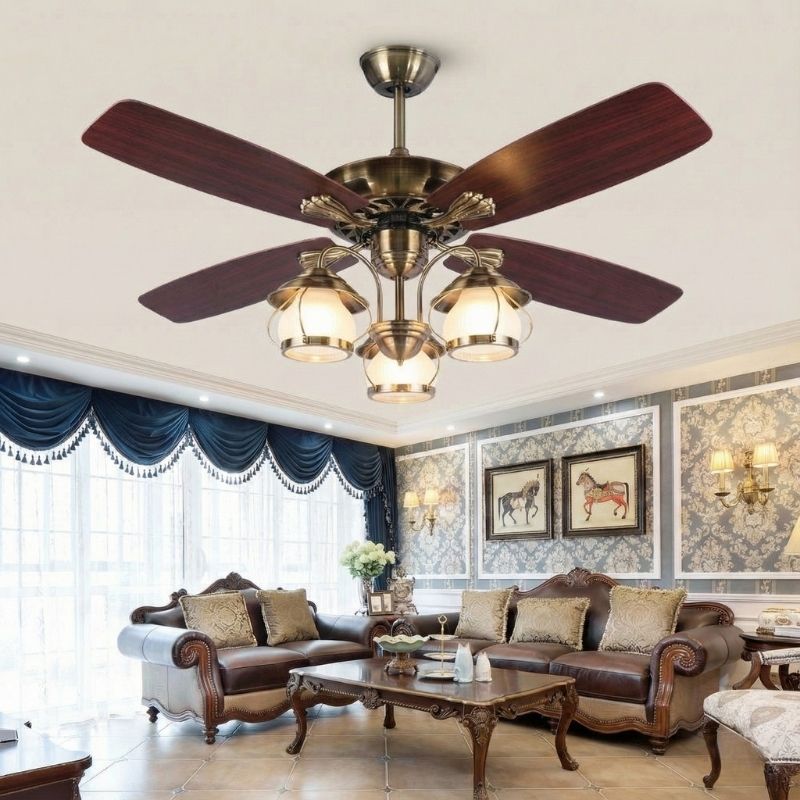 Quạt Trần 5 Cánh Gỗ Có Đèn Chùm Tân Cổ Điển QT603
