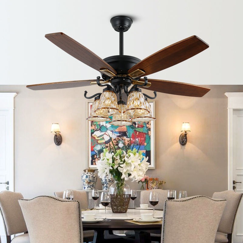 Quạt Trần 5 C&aacute;nh Gỗ C&oacute; Đ&egrave;n Ch&ugrave;m Trang Tr&iacute; Ph&ograve;ng Ăn Sang Trọng QT5010