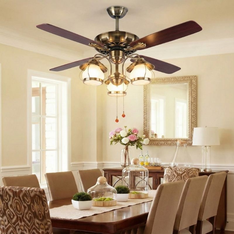Quạt Trần 5 Cánh Gỗ Có Đèn Tân Cổ Điển Trang Trí Phòng Ăn QT603