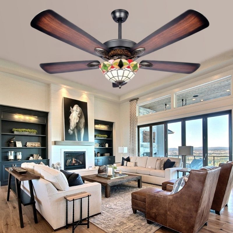 Quạt Trần 5 Cánh Gỗ Có Đèn Kiểu Tiffany QT5011- Đèn Quạt Trần Phòng Khách Art Nouveau