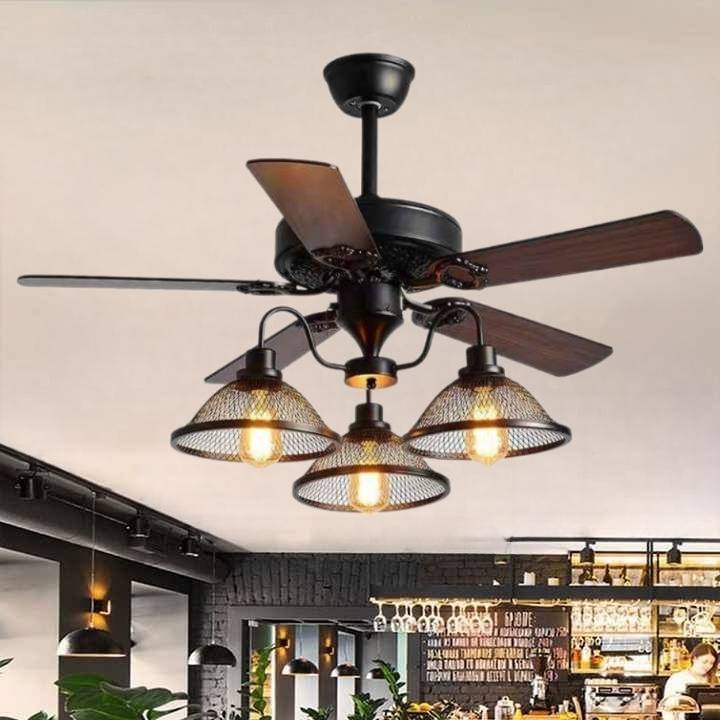 Quạt trần 5 cánh gỗ có đèn trang trí quán cafe vintage DQ6116