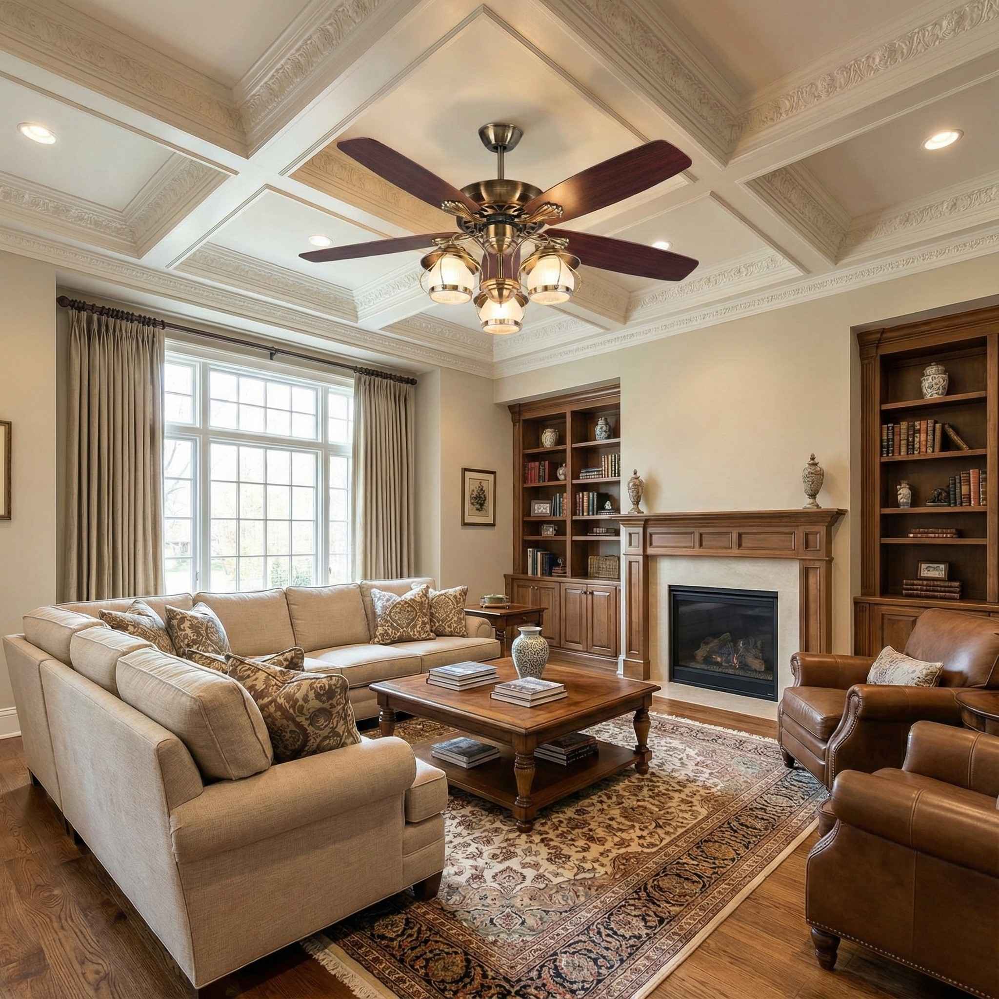 QUẠT TRẦN CÁNH GỖ CÓ ĐÈN PHÒNG KHÁCH TÂN CỔ ĐIỂN QT603