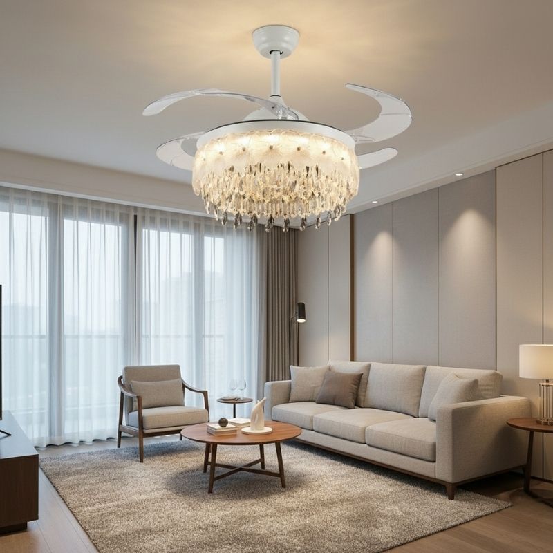 Quạt Trần C&aacute;nh Xếp Đ&egrave;n Pha L&ecirc; Trang Tr&iacute; Ph&ograve;ng Kh&aacute;ch Đẹp QT1006