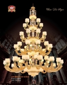 đèn chùm đồng trang trí sảnh thông tầng CD8062-50, đèn chùm đồng chao đá ngọc