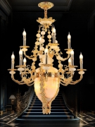 đèn chùm đồng cao cấp, đèn chùm đồng chao đá, đèn chùm đồng đá