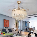 Quạt Trần Đèn Pha Lê Cánh Xếp Có Bóng LED 3 Màu SN2713